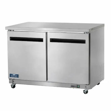Commercial worktop refrigerators with a stainless steel finish and double doors for efficient food storage.